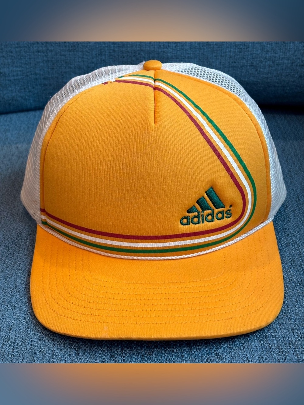 Vintage Adidas Rasta Trucker Hat Gold Foam Mesh Rope Cap • Made in Macau • RARE